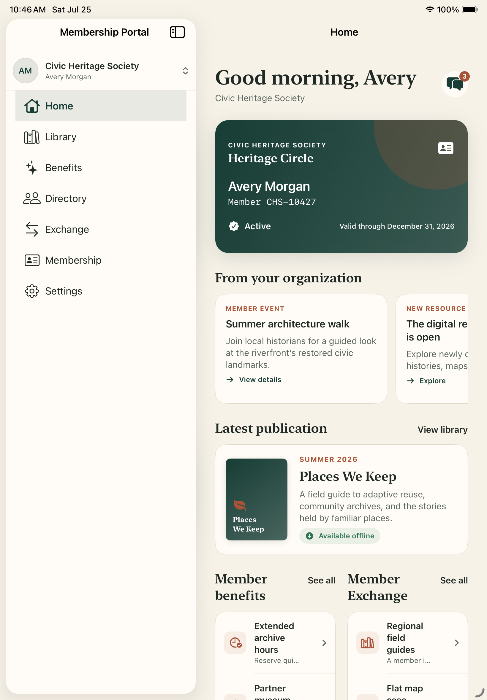 MembershipPortal iPad app showing a Civic Heritage Society member home with sidebar navigation, digital member card, publications, benefits, and Member Exchange