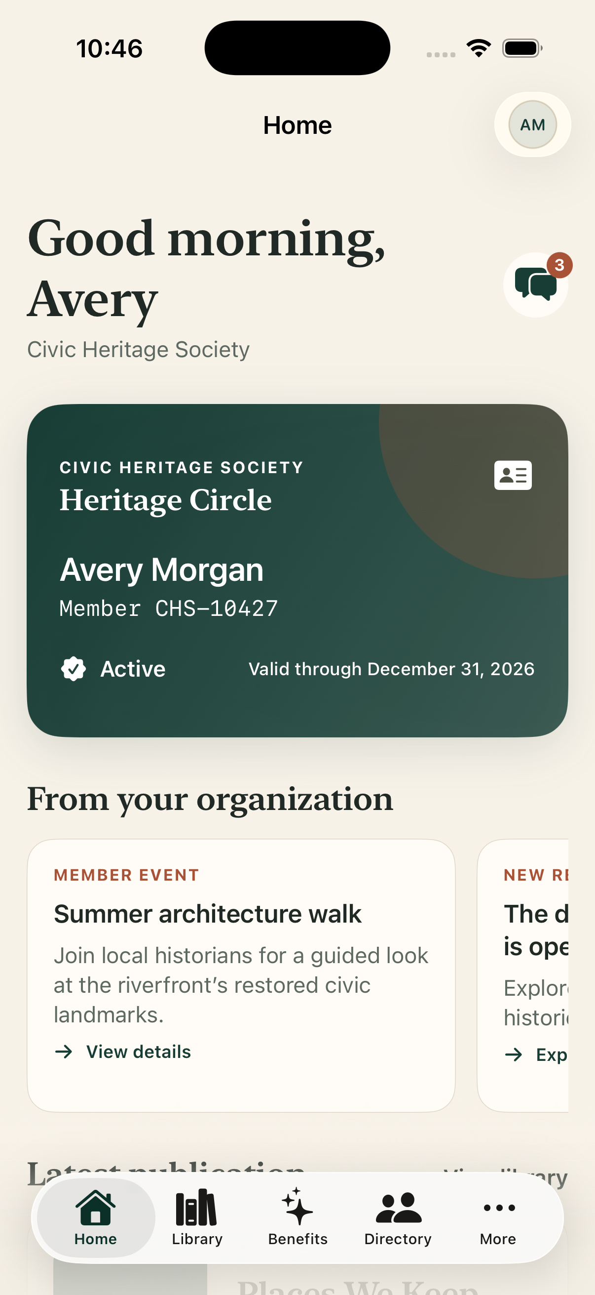 MembershipPortal iPhone app showing a Civic Heritage Society member home, digital member card, organization updates, and mobile navigation