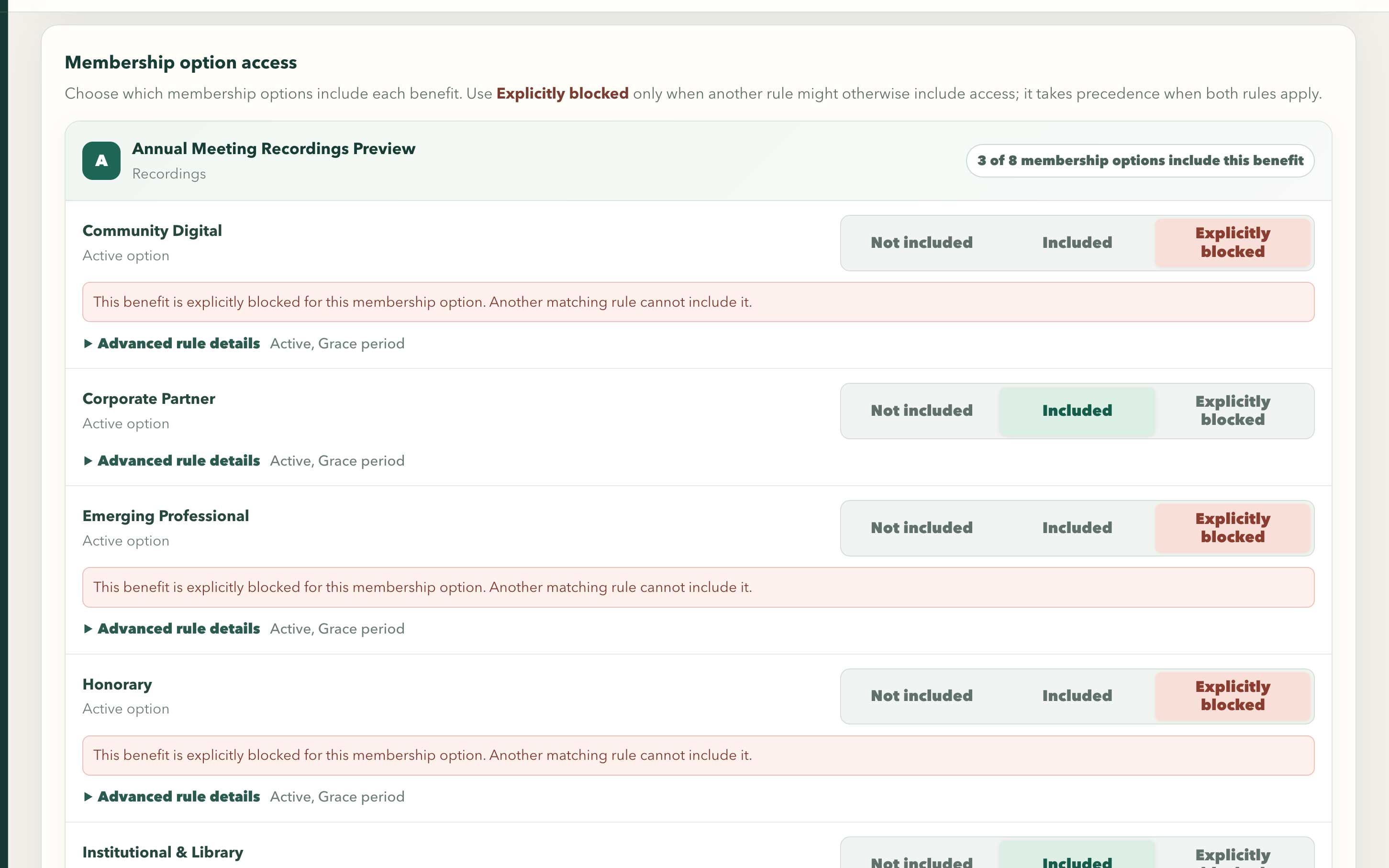 Northstar Benefits and access rule with membership options marked included, not included, and explicitly blocked