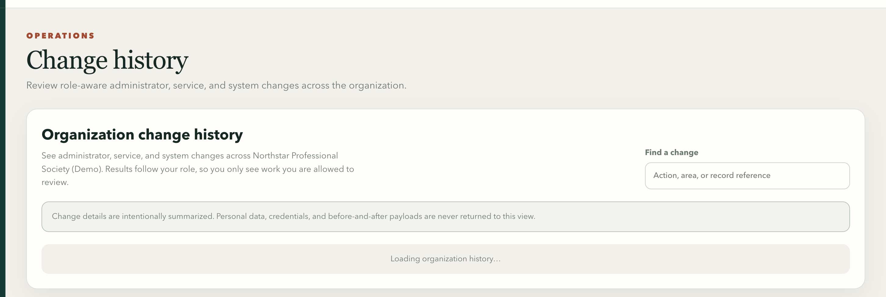 Northstar Change history with role-aware search controls and privacy guidance