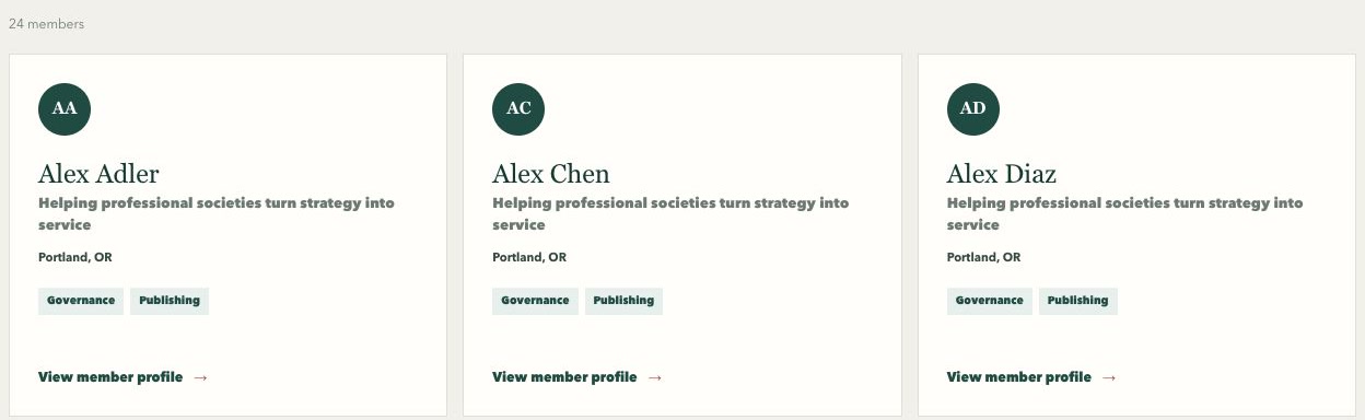 Northstar Member Directory with three representative opted-in member cards