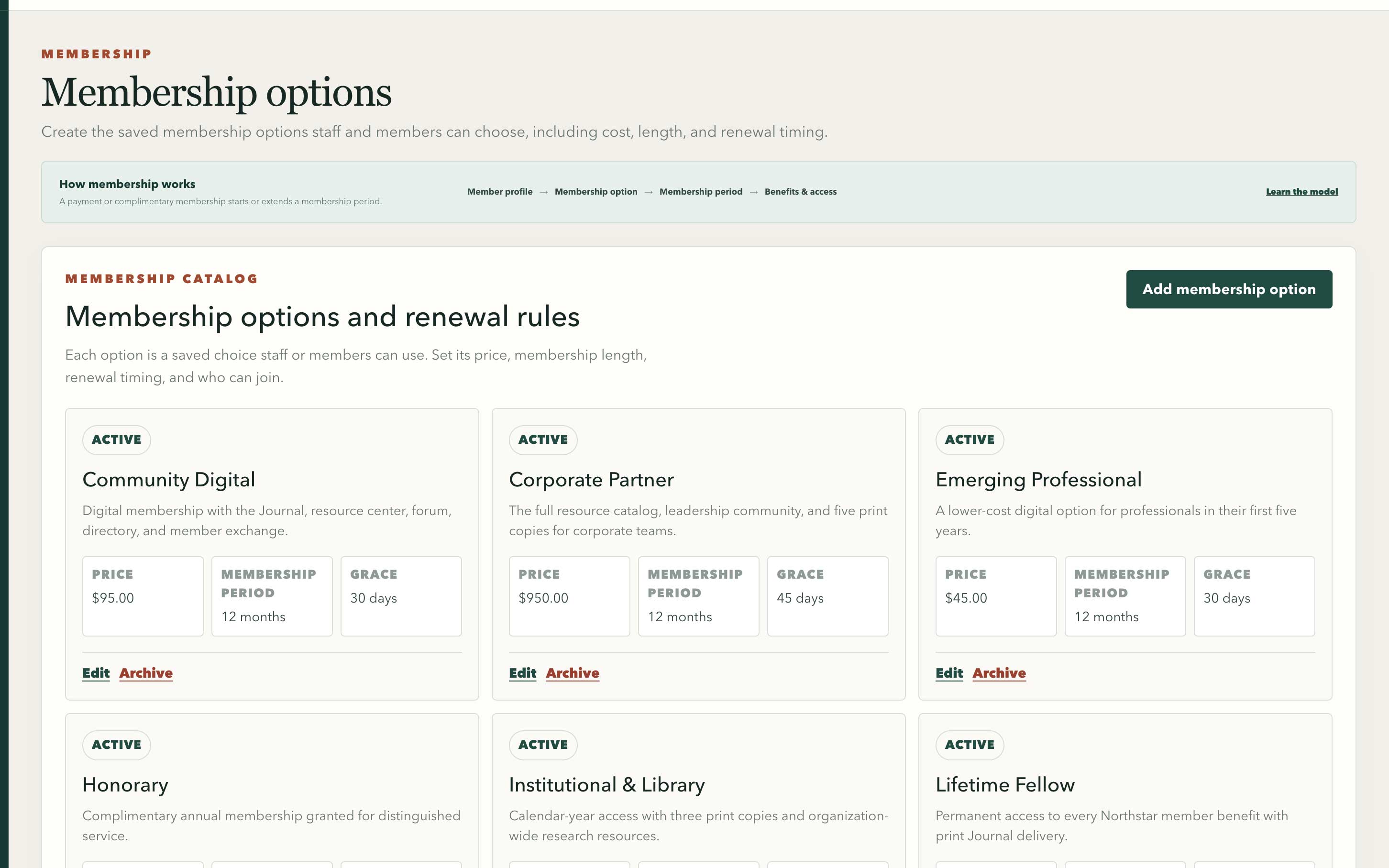 Northstar Membership options catalog with active option cards and configuration summaries