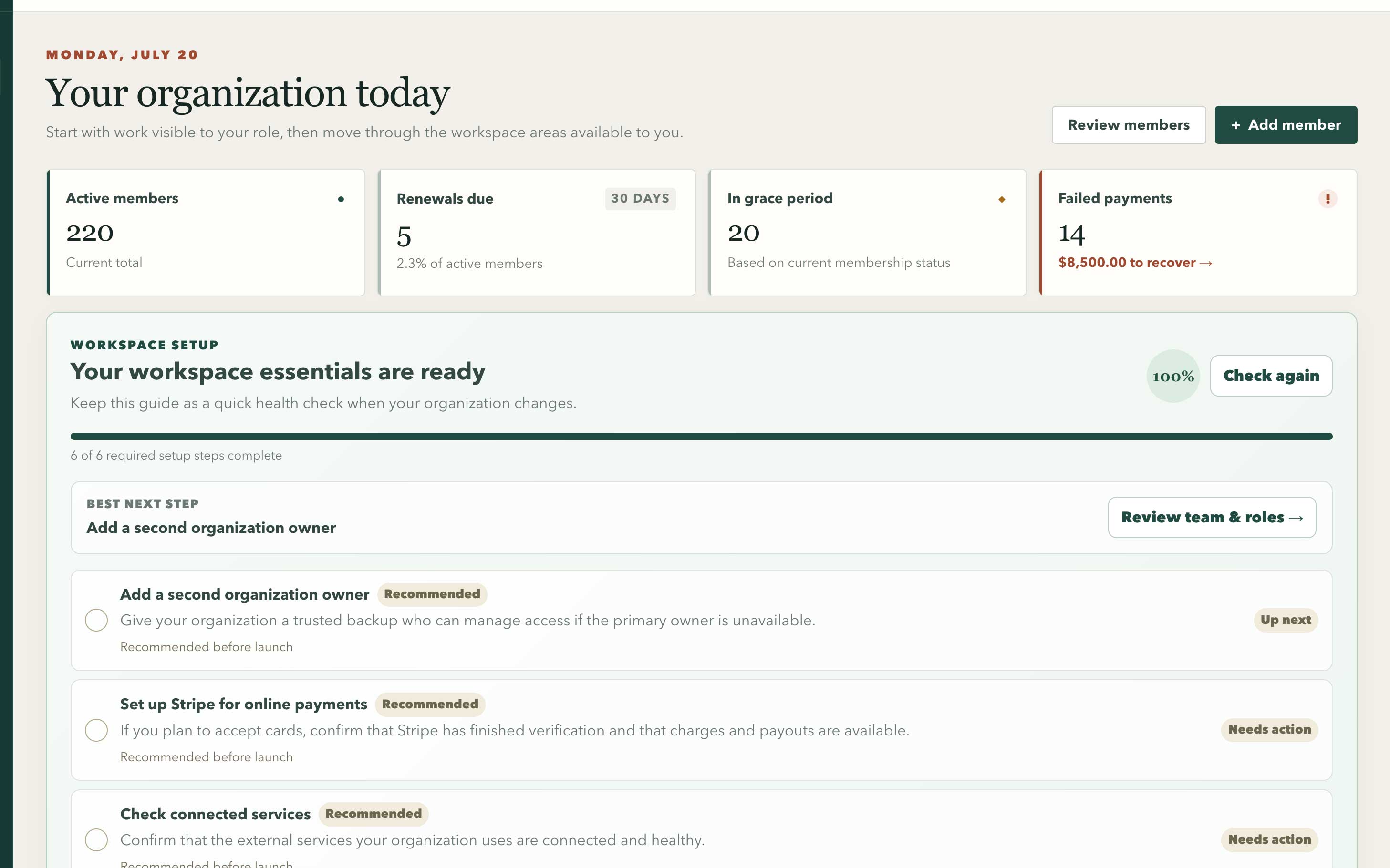 Northstar organization Home showing membership metrics, work requiring attention, and setup progress