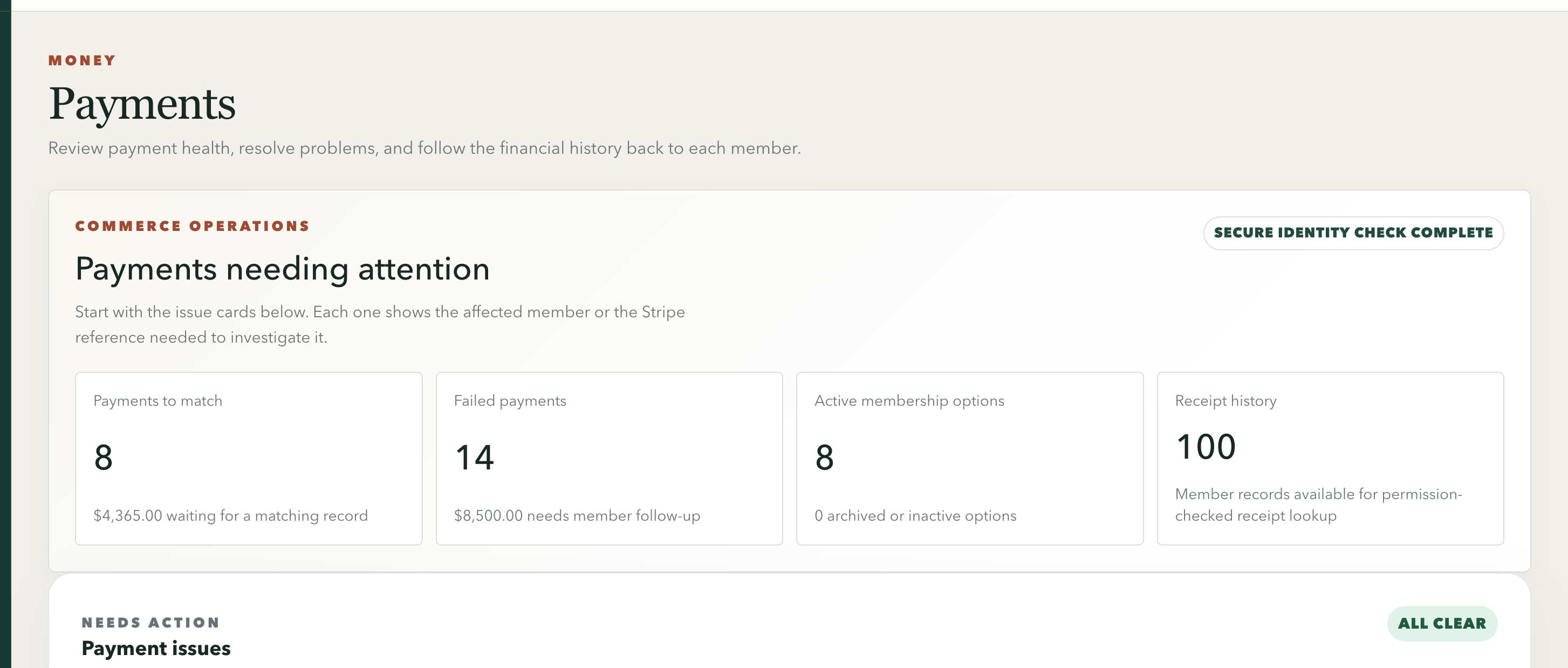Northstar Payments workspace with payments to match, failed payments, active membership options, and receipt history
