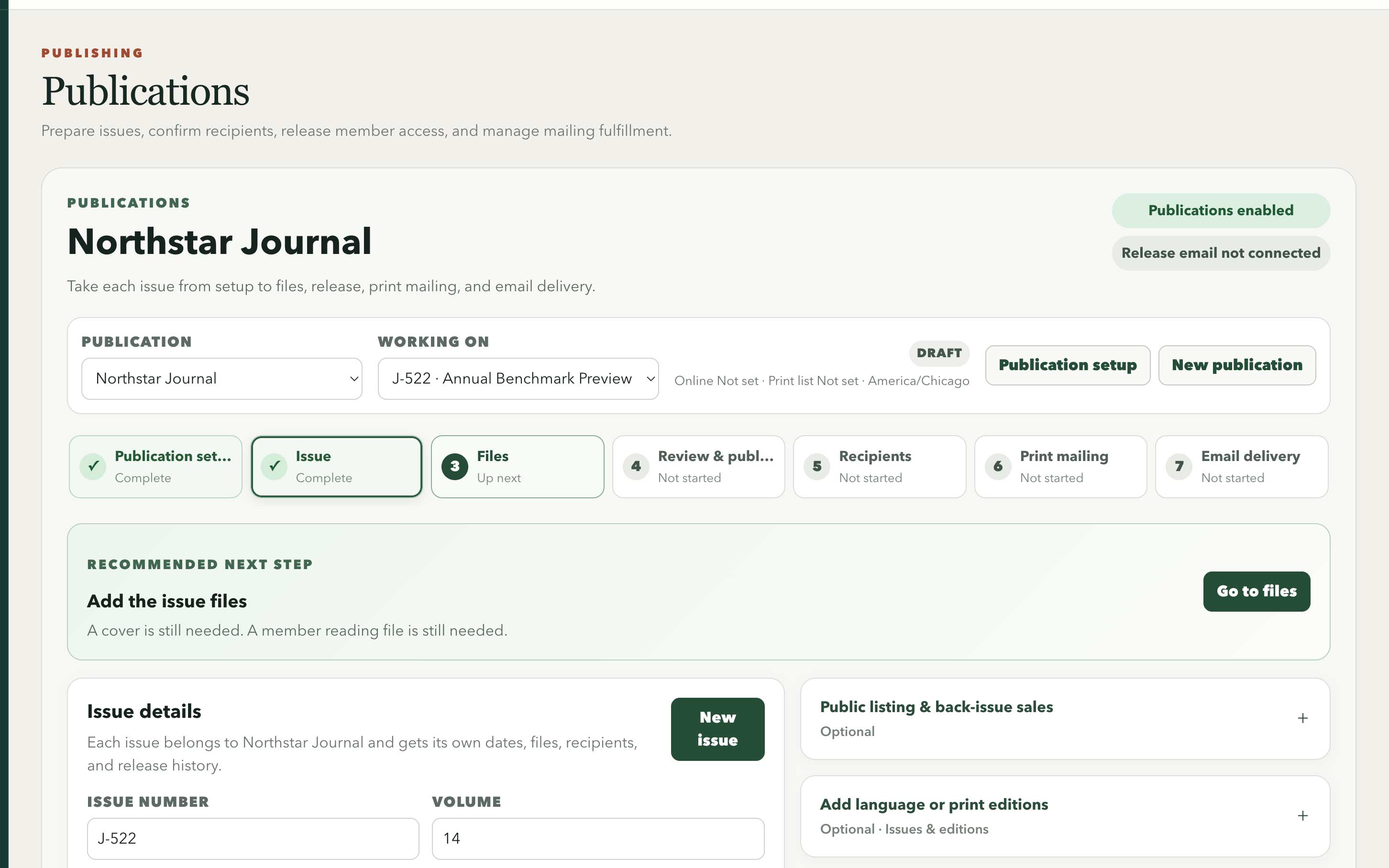 Northstar Journal issue workspace showing issue, files, review, recipients, and print mailing stages